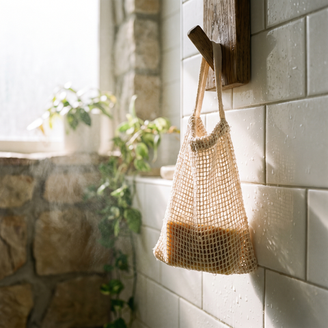 Soap saver bag with soap hanging in a shower, lifestyle photo