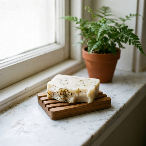 Soap bar resting on a wooden soap saver by a window, lifestyle photo