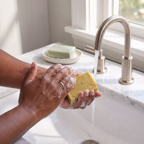 Washing hands with Lemongrass soap bar under running water, lifestyle photo