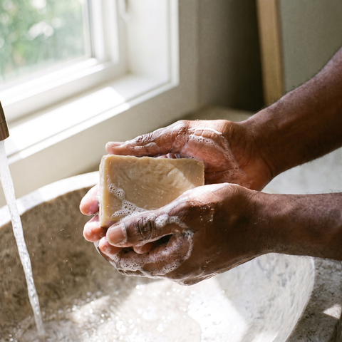 Washing hands with Serenity soap bar under running water, lifestyle photo