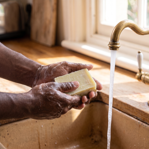 Washing hands with Sweetgrass soap bar under running water, lifestyle photo