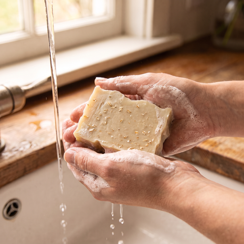 Washing hands with Oatmeal soap bar under running water, lifestyle photo