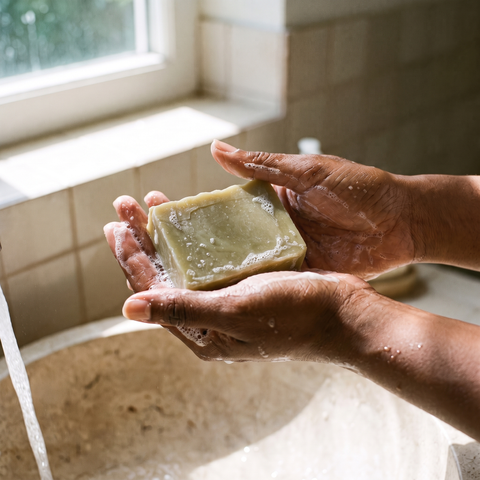 Washing hands with Sweet Orchid soap bar under running water, lifestyle photo