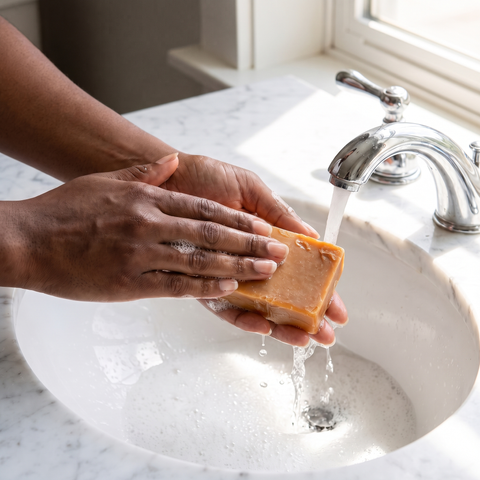 Washing hands with Sweet Orange soap bar under running water, lifestyle photo