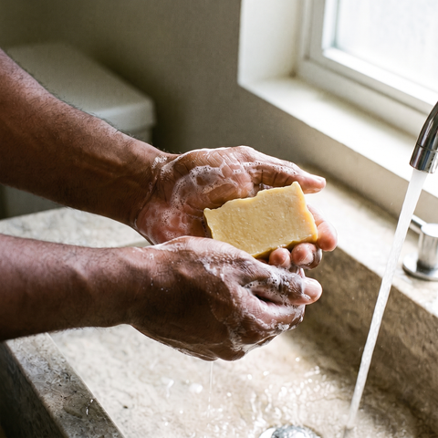 Washing hands with Lemon soap bar under running water, lifestyle photo