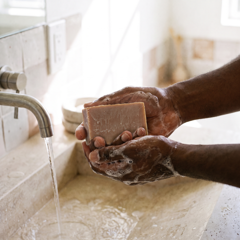 Washing hands with Lavender Vanilla soap bar under running water, lifestyle photo