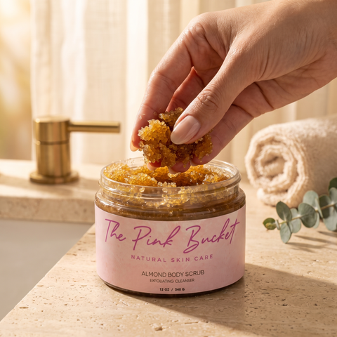 Applying Almond body scrub to skin, spa bathroom lifestyle photo