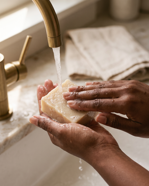 Washing hands with Goat Milk & Cocoa Butter soap bar under running water, lifestyle photo