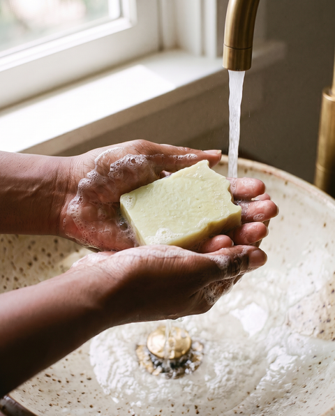 Washing hands with Cucumber soap bar under running water, lifestyle photo