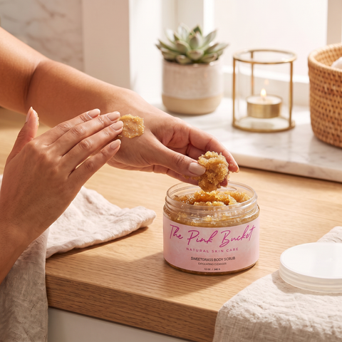 The Pink Bucket Sweetgrass Body Scrub, golden-amber scrub clump being held over the open jar