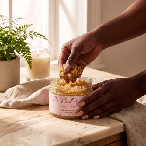 The Pink Bucket Sweet Orange Body Scrub, golden-amber scrub clump being held over the open jar