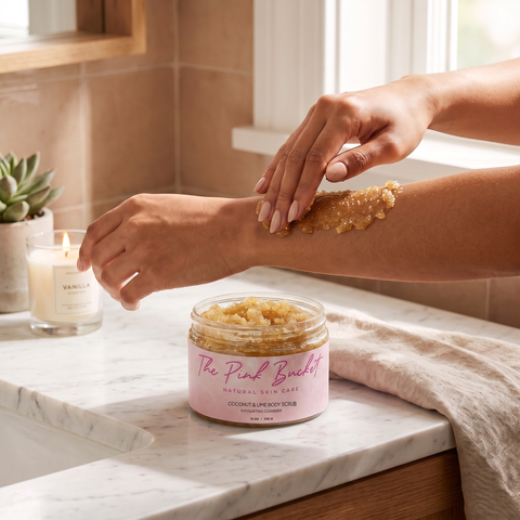The Pink Bucket Coconut & Lime Body Scrub being applied to a forearm, golden-amber scrub texture