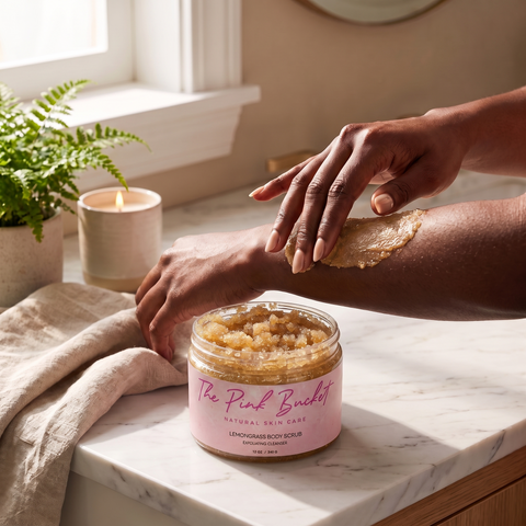 The Pink Bucket Lemongrass Body Scrub being applied to a forearm, golden-amber scrub texture