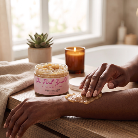 The Pink Bucket Serenity Body Scrub being applied to a forearm, golden-amber scrub texture