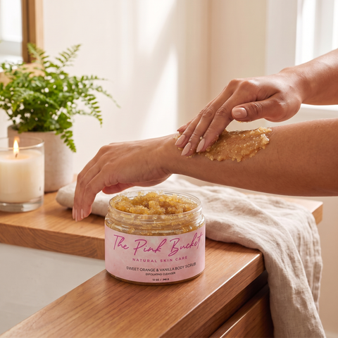 The Pink Bucket Sweet Orange & Vanilla Body Scrub being applied to a forearm, golden-amber scrub texture