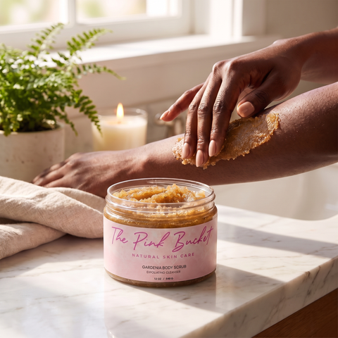 The Pink Bucket Gardenia Body Scrub being applied to a forearm, golden-amber scrub texture