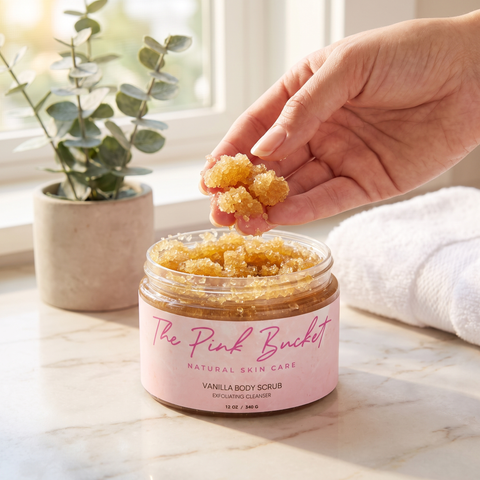 A hand picking up a scoop of The Pink Bucket Vanilla Body Scrub from the open jar, light golden sugar crystal texture