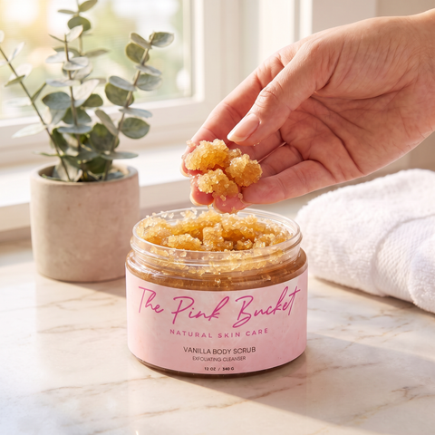 A hand picking up a scoop of The Pink Bucket Vanilla Body Scrub from the open jar, light golden sugar crystal texture