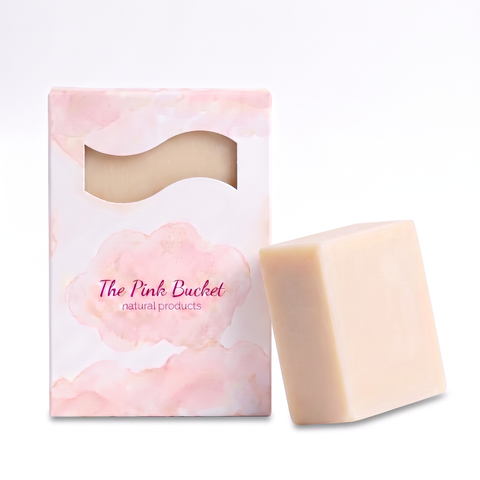Gardenia bar soap with box, The Pink Bucket - calligraphic lettering, pink cloud wash, plain white background, matches house box design