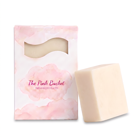 Unscented bar soap with box, The Pink Bucket - calligraphic lettering, pink cloud wash, plain white background, matches house box design