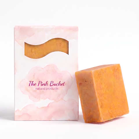 Turmeric Bar soap with box - calligraphic lettering, pink cloud wash, no splatter dots, plain white background