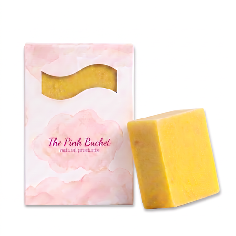 Lemon bar soap with box, The Pink Bucket - calligraphic lettering, pink cloud wash, plain white background, matches house box design