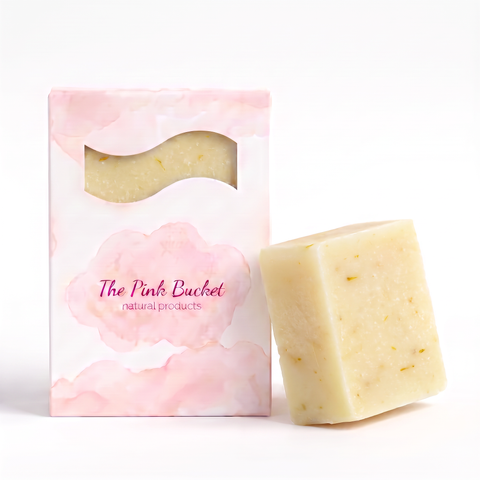 The Pink Bucket Clary Sage and Calendula Petals soap bar box