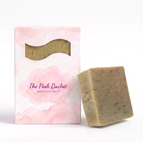The Pink Bucket Almond, Oatmeal, and Honey soap bar box