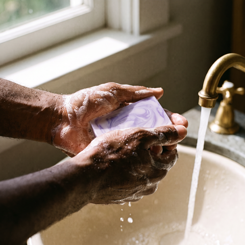Washing hands with Lavender Mint soap bar under running water, lifestyle photo